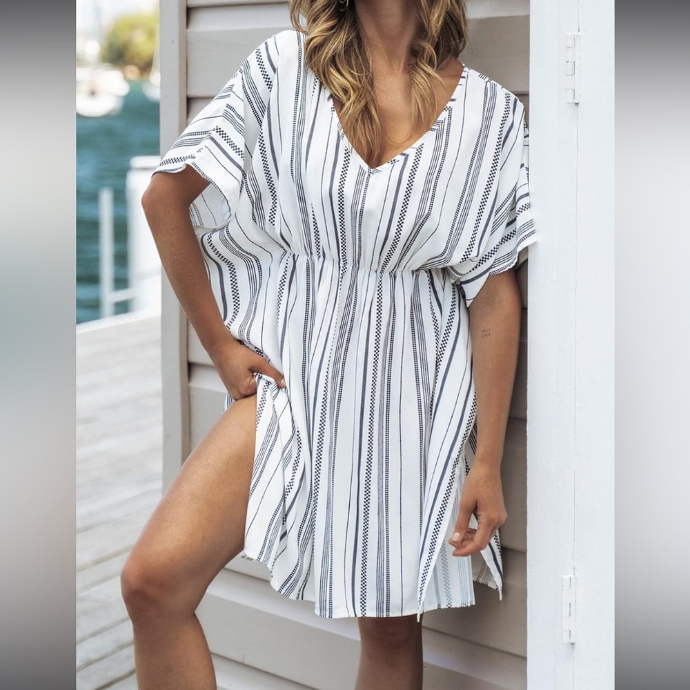 V Neck Striped Swimsuit Cover Up